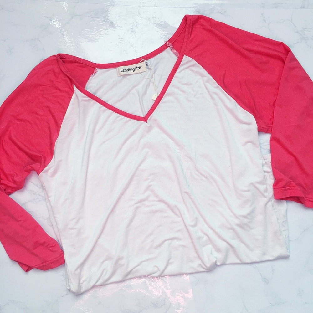 Baseball Style Long Pink and White Sleeve Top M